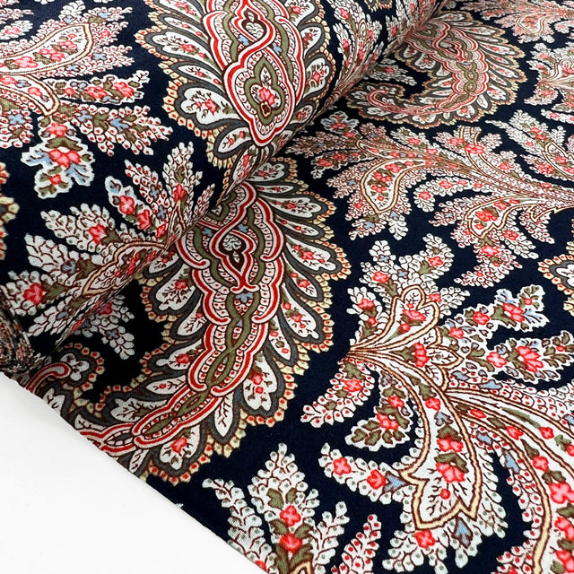 Cotton Lawn Dressmaking Fabric Navy Pink Paisley Trellis Bolt