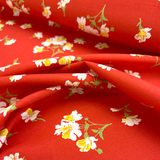 Cotton Poplin Dress Fabric Yellow Flower Lilyanne Red