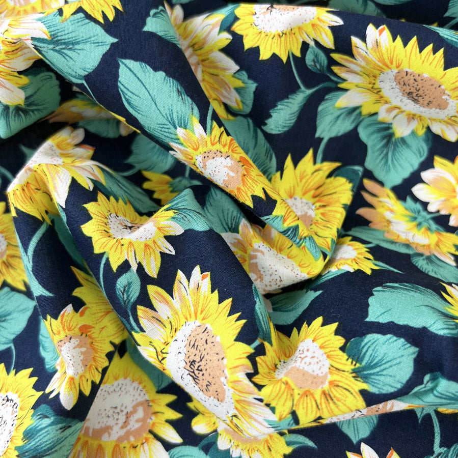 Cotton Poplin Fabric Navy Floral Print Styles Sunflower Power