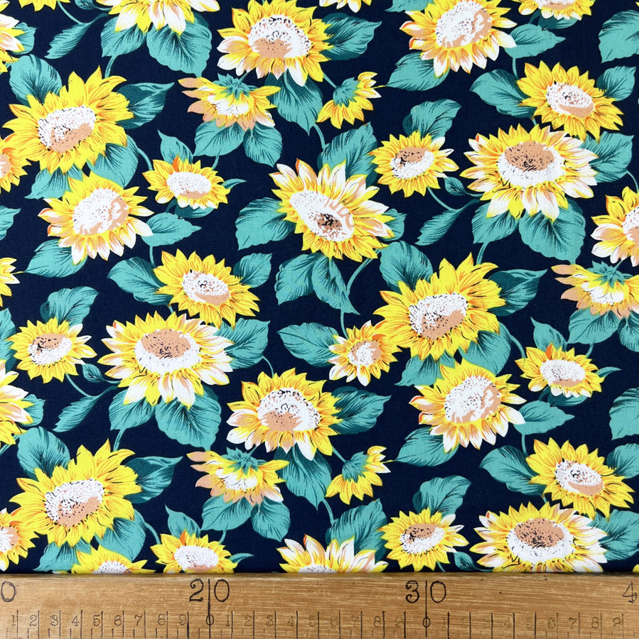 Cotton Poplin Fabric Navy Floral Print Styles Sunflower Power Ruler