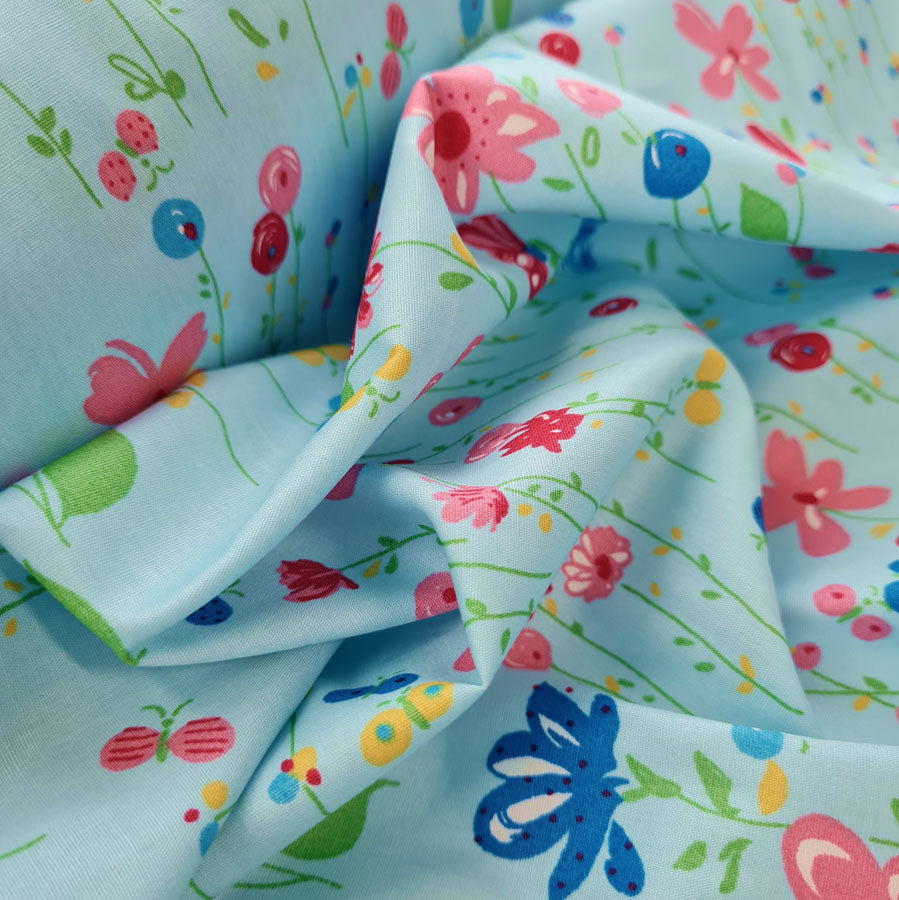 Cotton Poplin Floral Print Sewing Room Turquoise Close Up