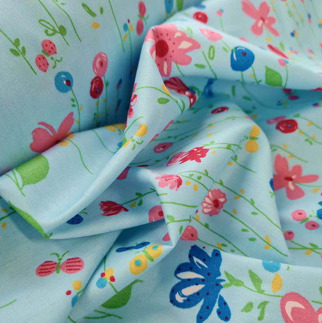 Cotton Poplin Floral Print Sewing Room Turquoise Close Up