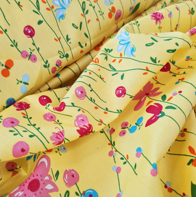 Cotton Poplin Floral Print Sewing Room Yellow Close Up