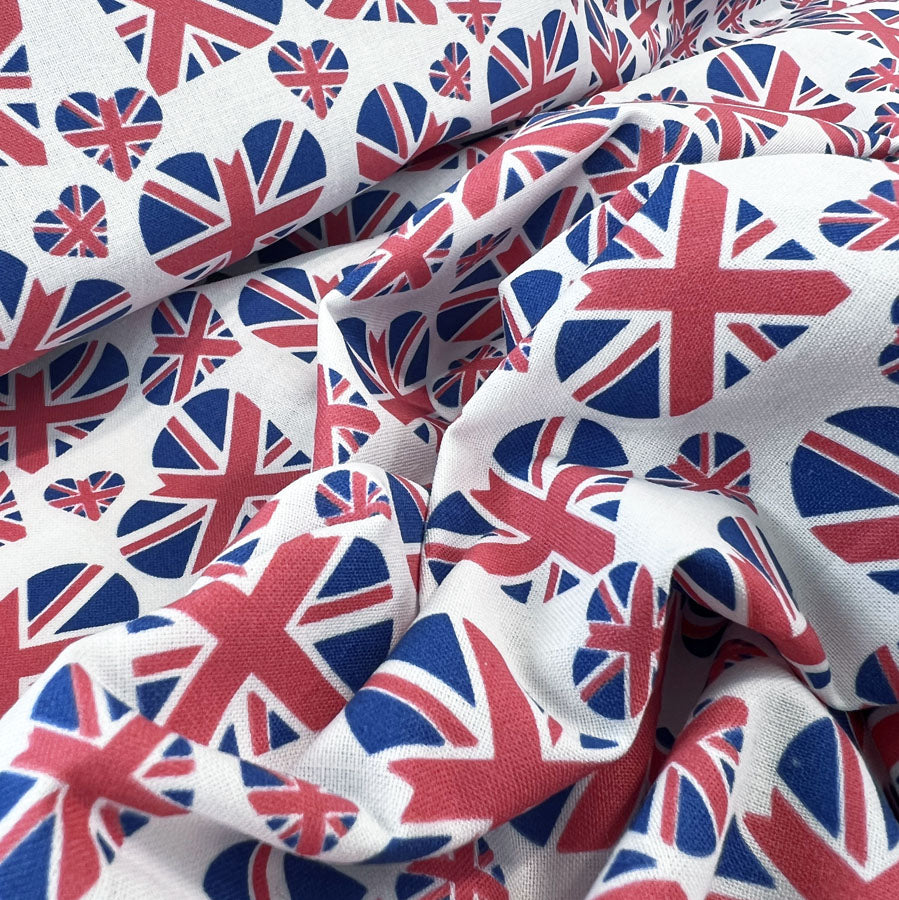 Cotton Poplin Union Jack Hearts Close Up