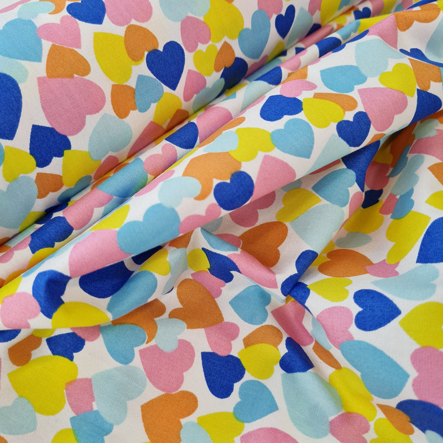 Cotton Sewing Room Blue Hearts Fabric Close Up