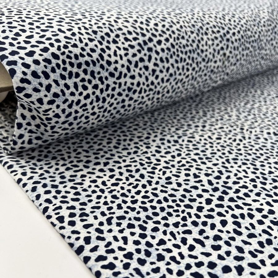 Cotton Stretch Navy Cheetah Blue White Animal Print Polyester Elastane Woven Trouser Fabric Bolt
