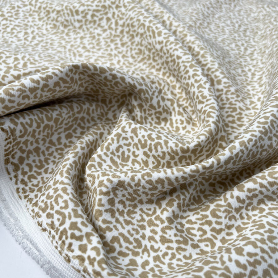 Cotton Stretch Sand Leopard White Animal Print Polyester Elastane Woven Trouser Fabric