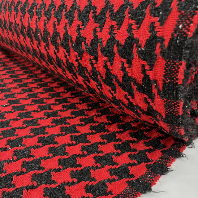 Cotton Tweed Red Grey Black Houndstooth Check Ex Designer Italian Deadstock Coating Fabric Roll