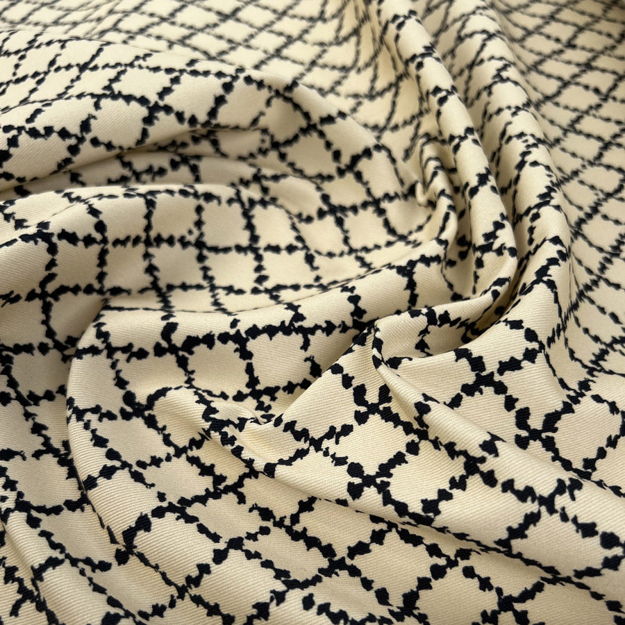 Cotton Twill Cream Trellis Black Abstract Designer Trouser Fabric