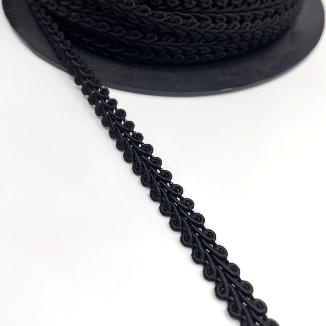 Cotton Viscose Blend Scrolled Gimp Braid Trim Black Roll