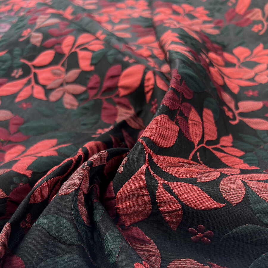Cranberry Brocade Polyester Cotton Black Red Jacquard Floral Leaf Dress Fabric