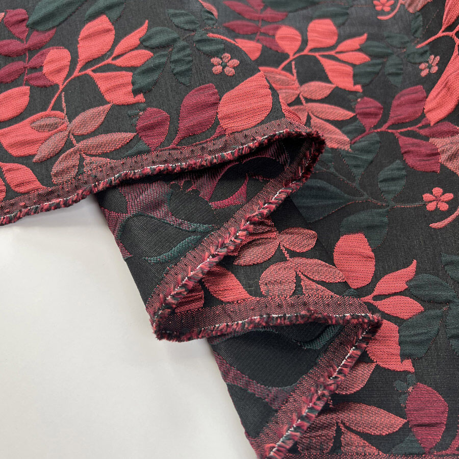 Cranberry Brocade Polyester Cotton Black Red Jacquard Floral Leaf Dress Fabric Fold