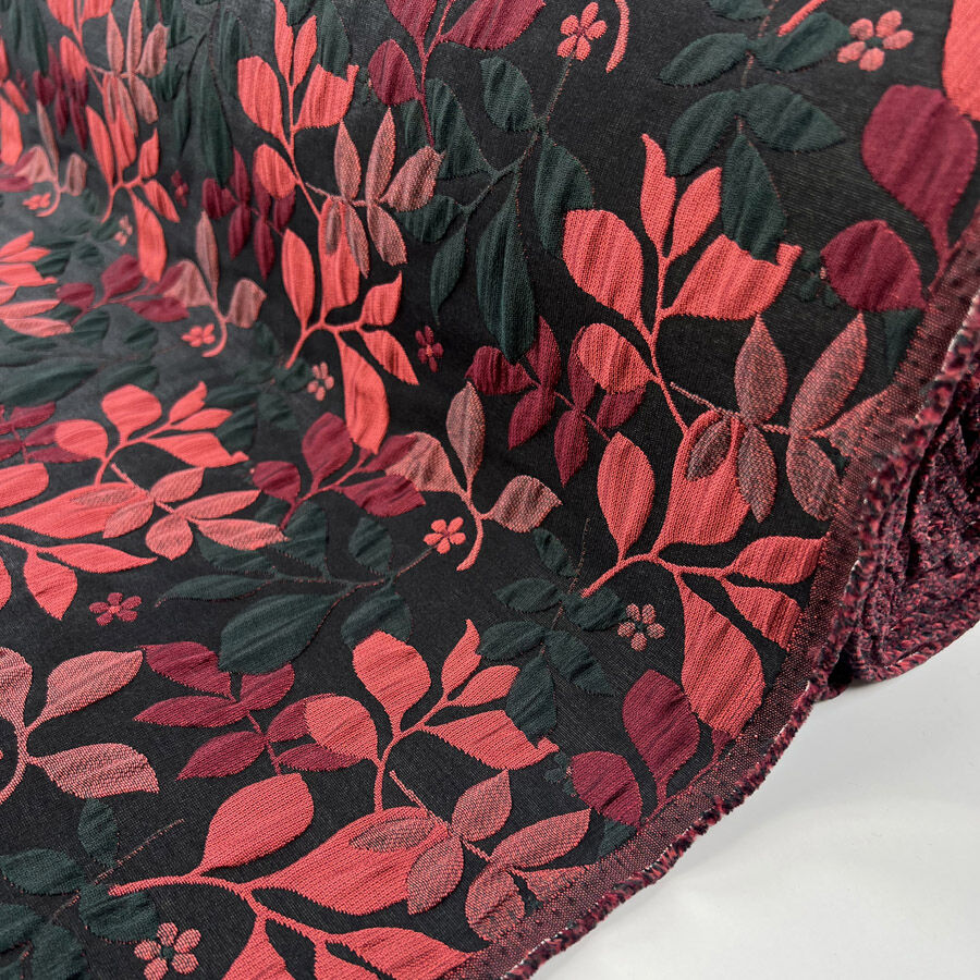 Cranberry Brocade Polyester Cotton Black Red Jacquard Floral Leaf Dress Fabric Roll