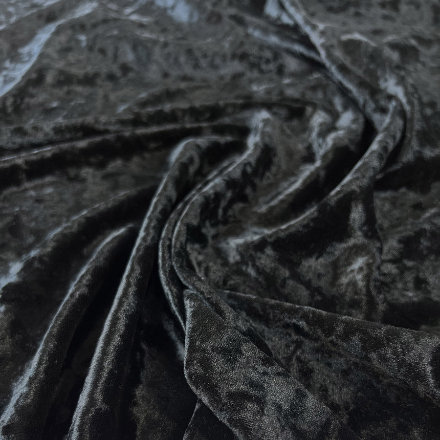 Crushed Black Polyester Spandex Velvet Knit Dress Fabric
