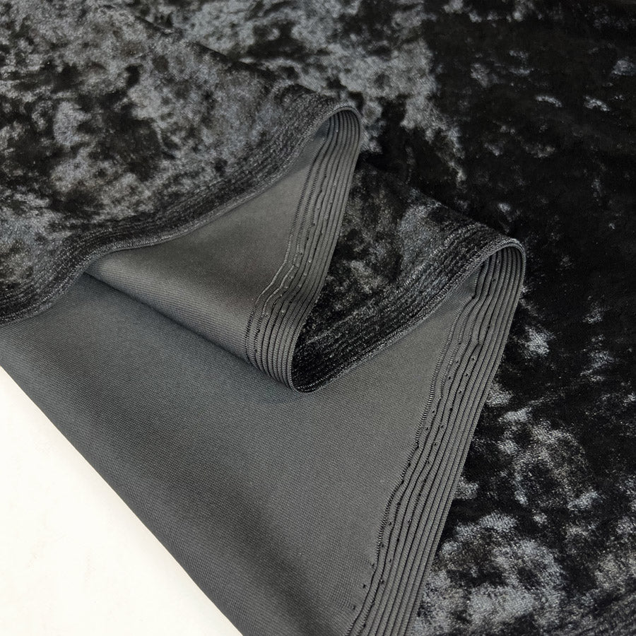 Crushed Black Polyester Spandex Velvet Knit Dress Fabric Fold