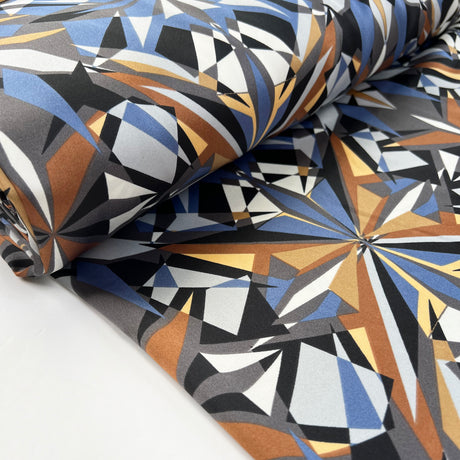 Crystal Reflections Polyester Satin Blue Brown Black Abstract Geometric Dress Fabric Bolt