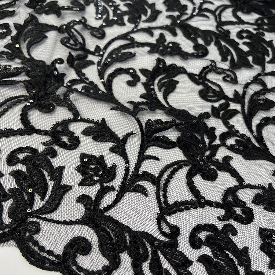 Dahlia Lace Polyester Black Floral Net Sequin Evening Party Wear Fabric
