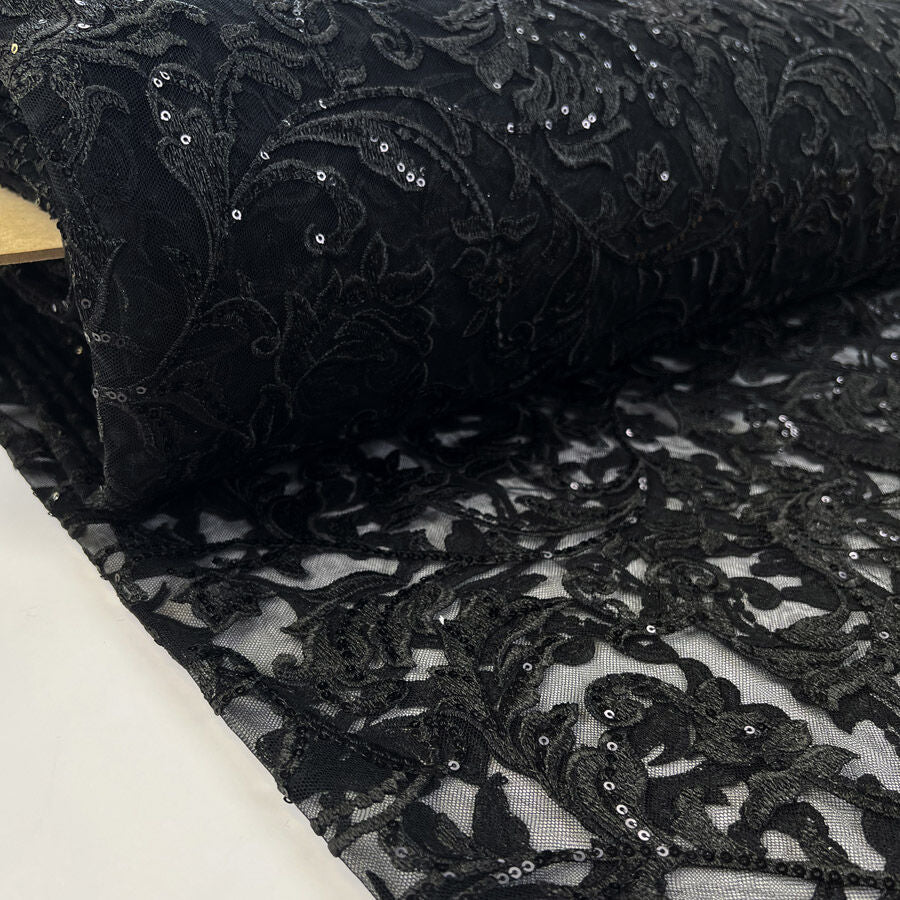 Dahlia Lace Polyester Black Floral Net Sequin Evening Party Wear Fabric Bolt