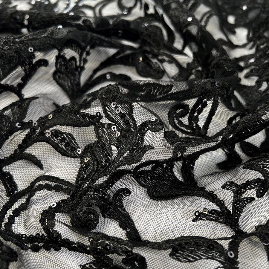 Dahlia Lace Polyester Black Floral Net Sequin Evening Party Wear Fabric