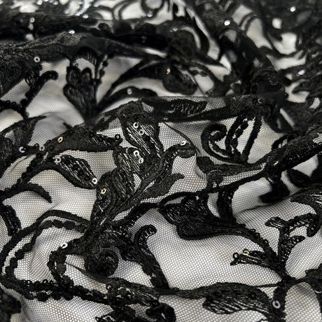 Dahlia Lace Polyester Black Floral Net Sequin Evening Party Wear Fabric