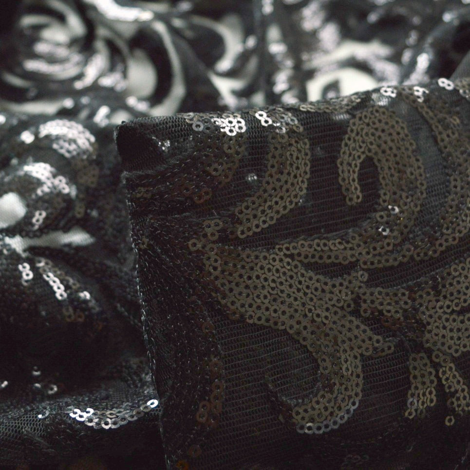 Dancing Armour Black Swirly Sequins Pattern Polyester Net Dress Fabric Cu