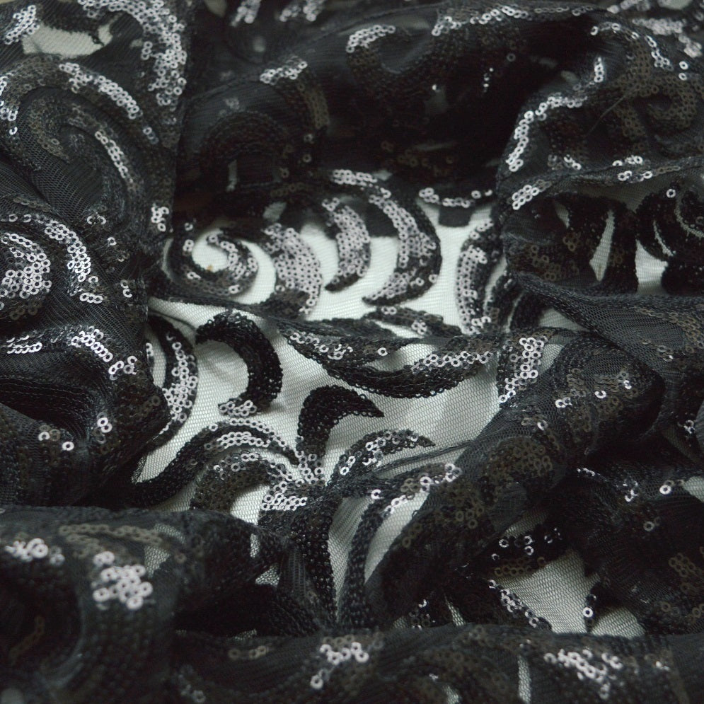Dancing Armour Black Swirly Sequins Pattern Polyester Net Dress Fabric Cud