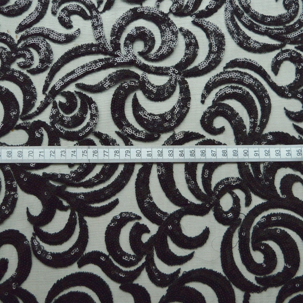 Dancing Armour Black Swirly Sequins Pattern Polyester Net Dress Fabric S