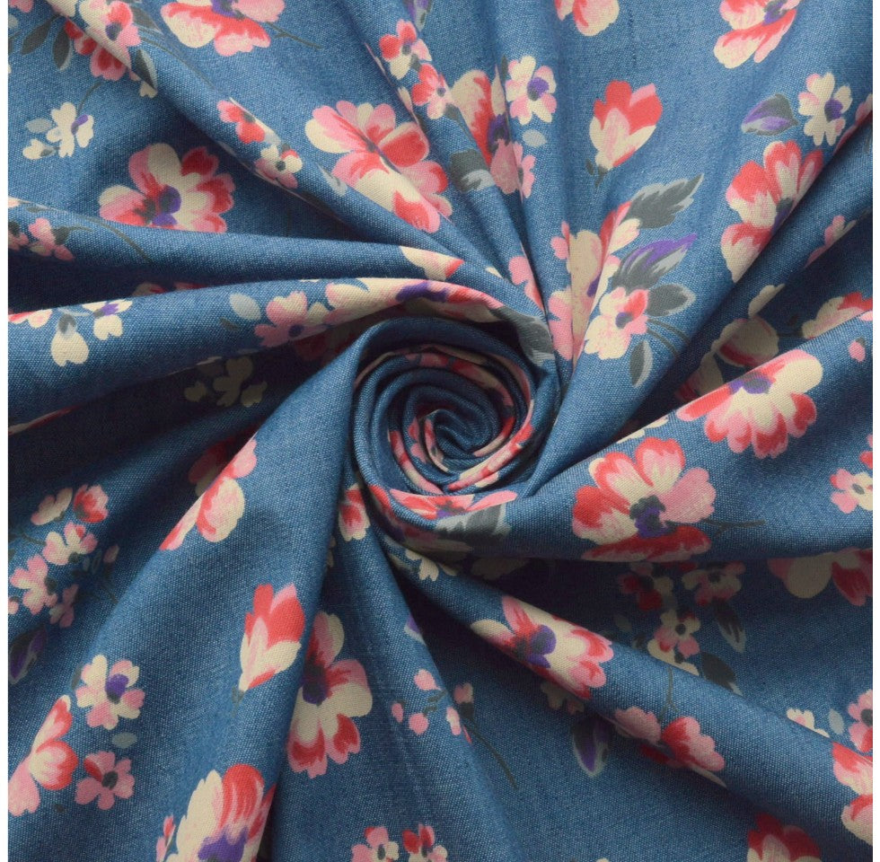 Denim Heavenly Lady Pink Cream Floral Cotton Denim Shirting Fabric Cud