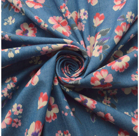 Denim Heavenly Lady Pink Cream Floral Cotton Denim Shirting Fabric Cud