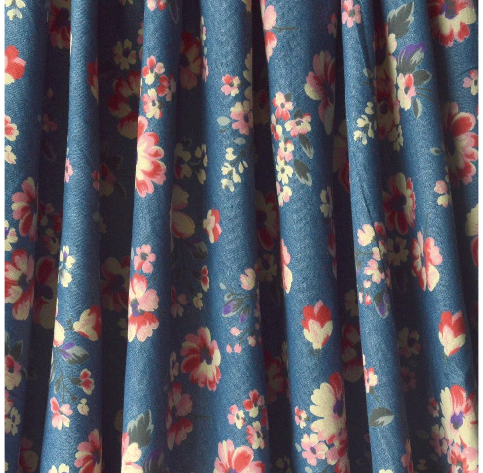 Denim Heavenly Lady Pink Cream Floral Cotton Denim Shirting Fabric D