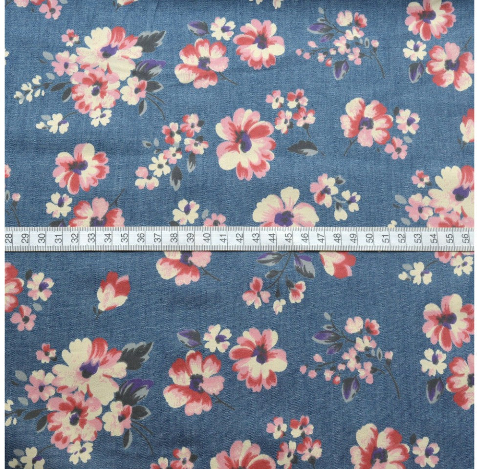 Denim Heavenly Lady Pink Cream Floral Cotton Denim Shirting Fabric S