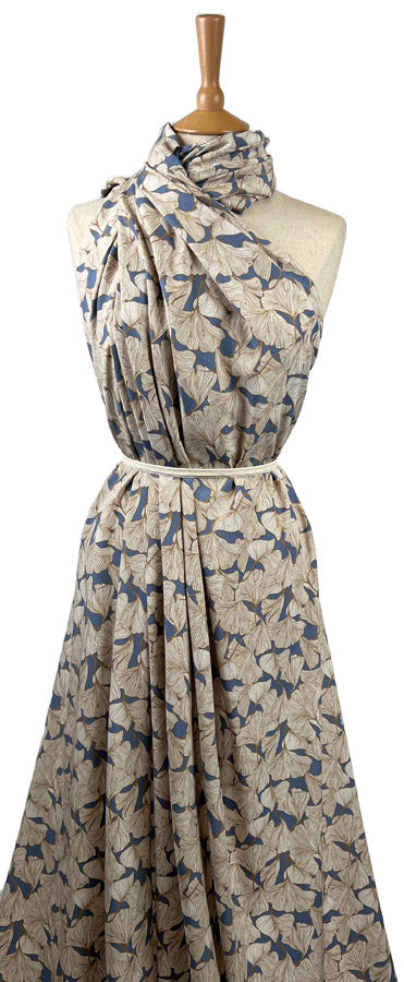 Denim Beige Floral Dress Fabric Viscose Challis  Ginkgo