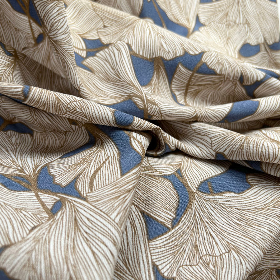 Denim Beige Floral Dress Fabric Viscose Challis  Ginkgo