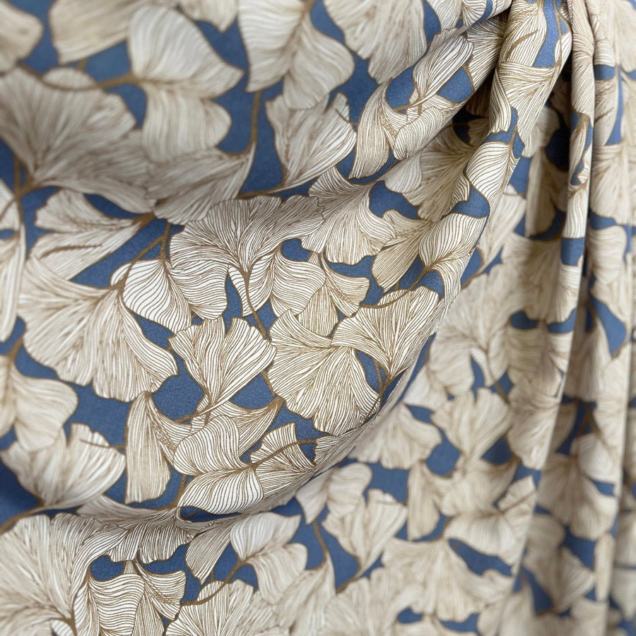 Denim Beige Floral Dress Fabric Viscose Challis  Ginkgo Drape