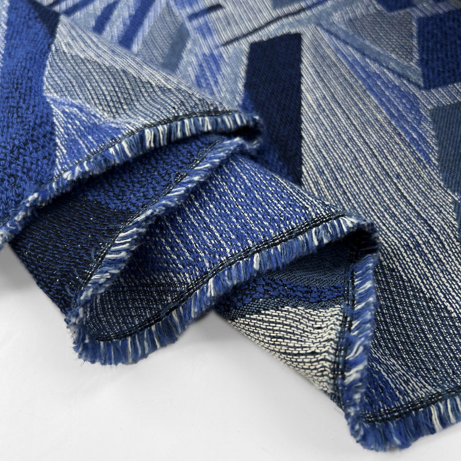 Denim Brocade Blue Cotton Polyester Viscose Abstract Geometric Jacquard Woven Dress Fabric Fold