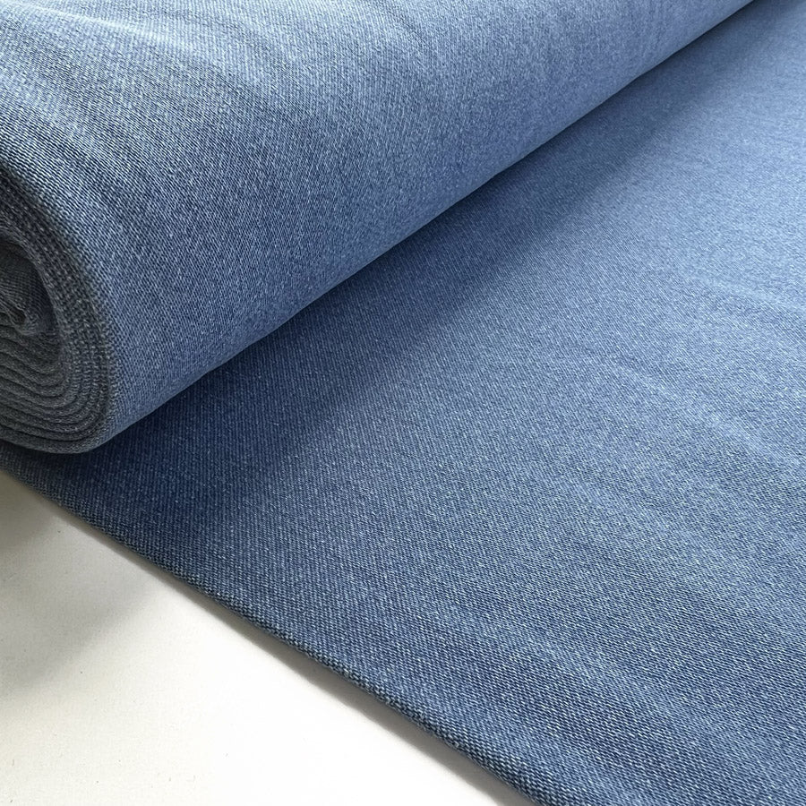Denim Sweatshirt Mid Blue Cotton Polyester Elastane Stretch Knit Jersey Fabric Bolt