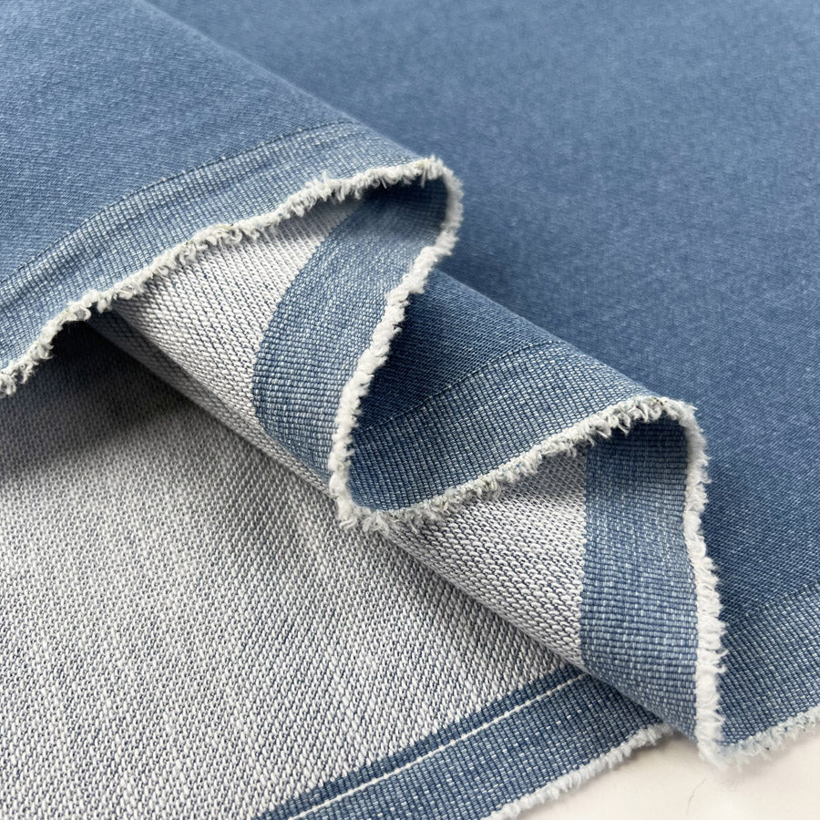 Denim Sweatshirt Mid Blue Cotton Polyester Elastane Stretch Knit Jersey Fabric Fold