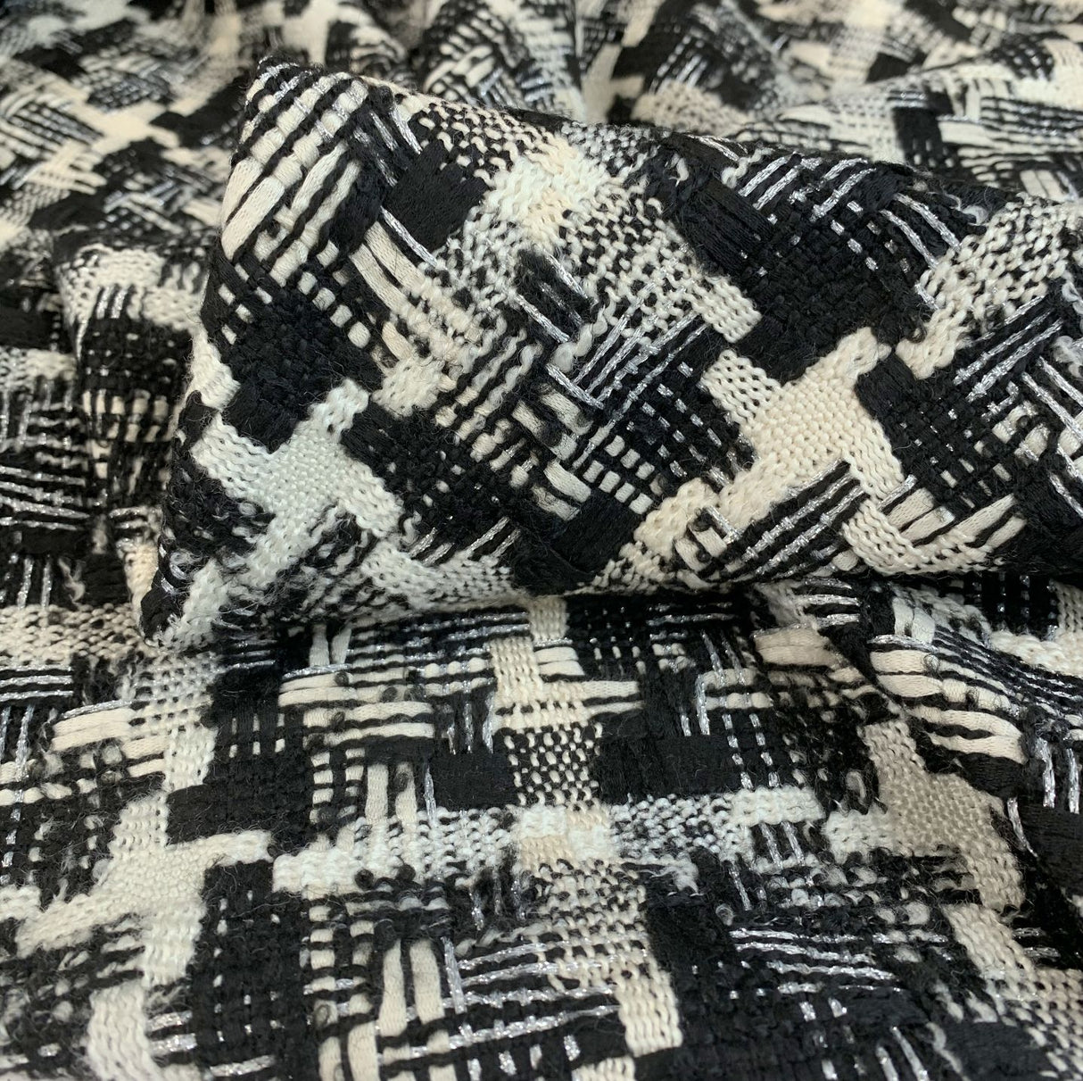Designer Look Check Black Cream White Boucle Metalic Polly Cotton Cu