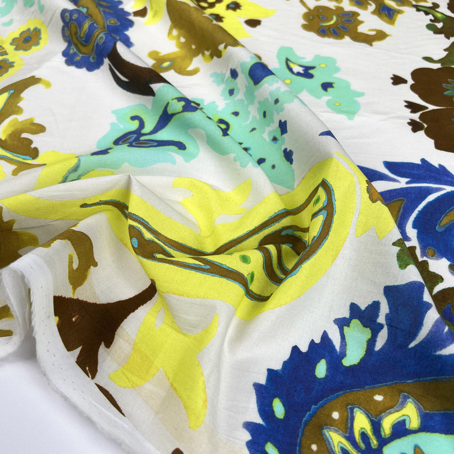 Dolce Cotton Lawn White Paisley Blue Yellow Italian Deadstock Woven Dress Fabric