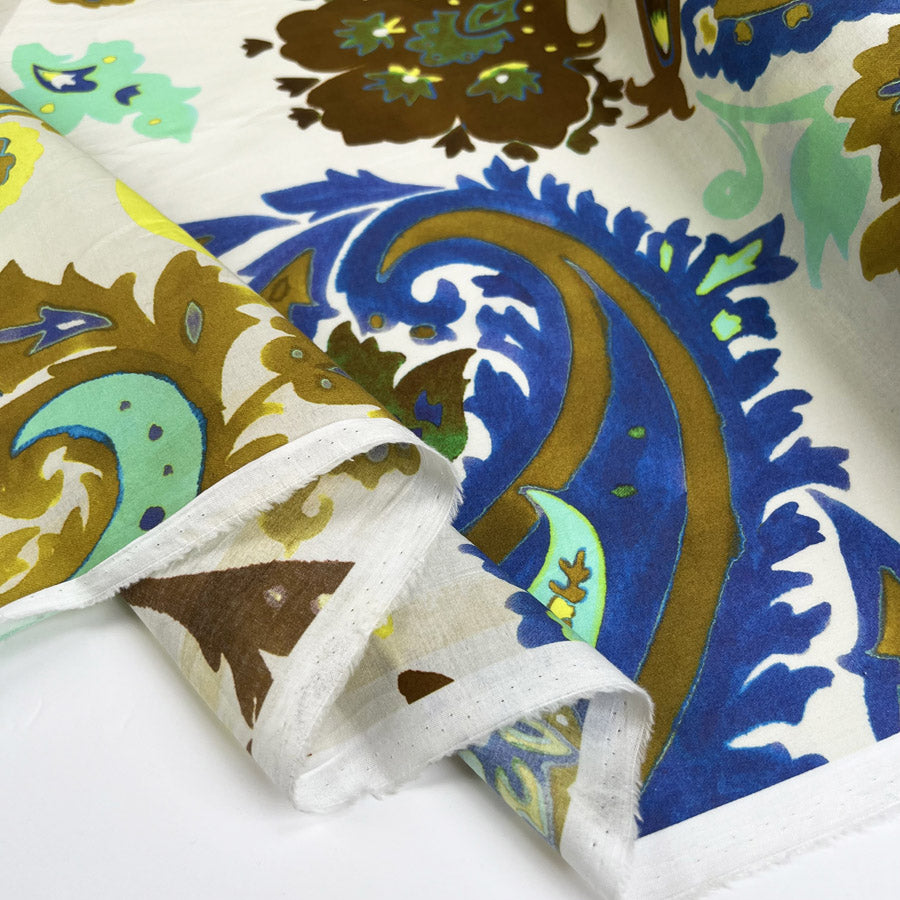 Dolce Cotton Lawn White Paisley Blue Yellow Italian Deadstock Woven Dress Fabric Fold
