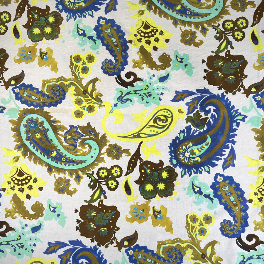 Dolce Cotton Lawn White Paisley Blue Yellow Italian Deadstock Woven Dress Fabric Print