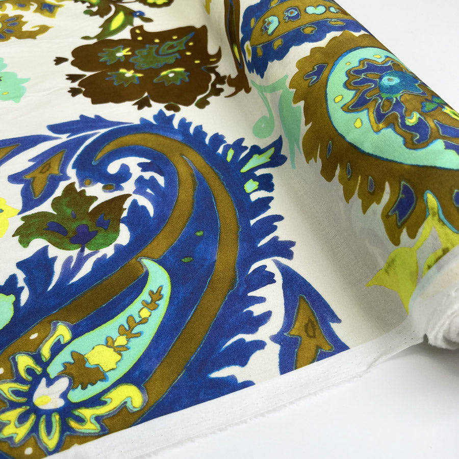 Dolce Cotton Lawn White Paisley Blue Yellow Italian Deadstock Woven Dress Fabric Roll