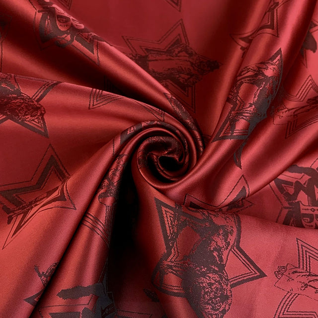 E210 Greatest Showman Red Characters Animals Woven Viscose Acetate Dress Lining Fabric Close Up Drape Scale Fabric Photo
