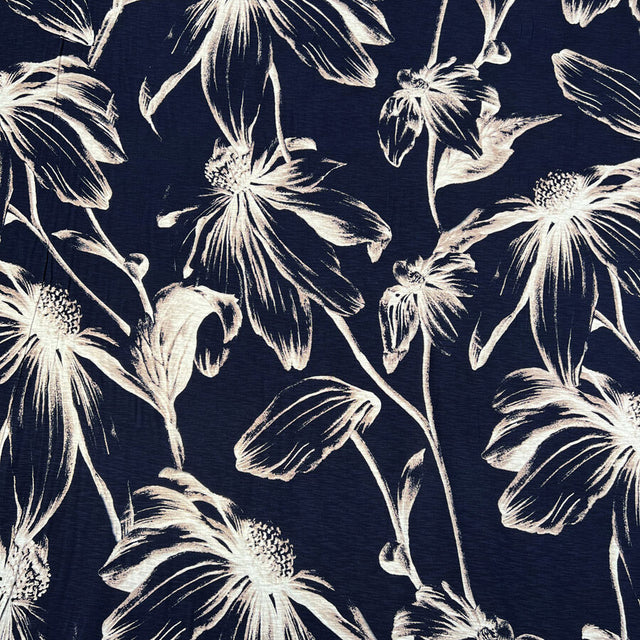Ebb And Flow Viscose Lycra Knit Navy Pink Large Scale Floral Dress Fabric