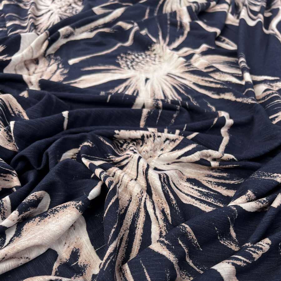 Ebb And Flow Viscose Lycra Knit Navy Pink Large Scale Floral Dress Fabric