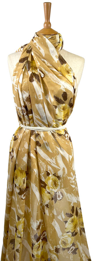 Elegant Chiffon Summer Sands Floral Ochre Printed Polyester Dress Fabric