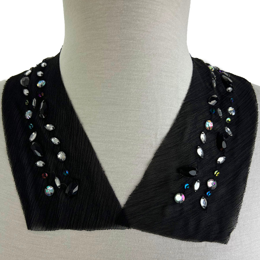 Embellished Sequin Mesh Cuff Yoke Collar Black