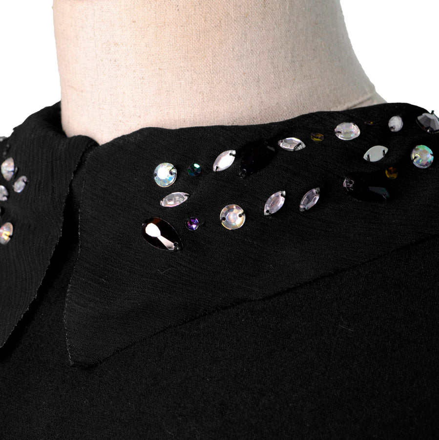 Embellished Sequin Mesh Cuff Yoke Collar Black Neck
