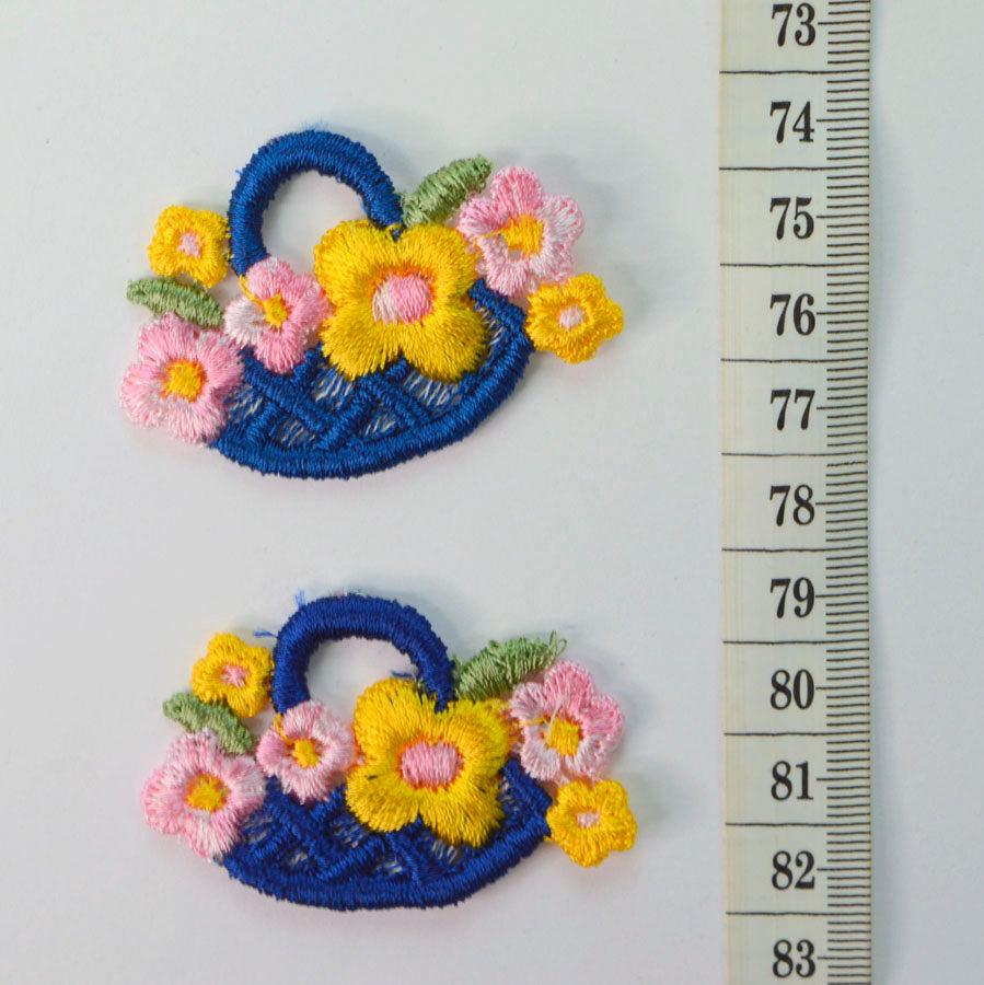 Embroidered Patch Yellow Pink Blue Flower Basket Cotton Craft Fabric S