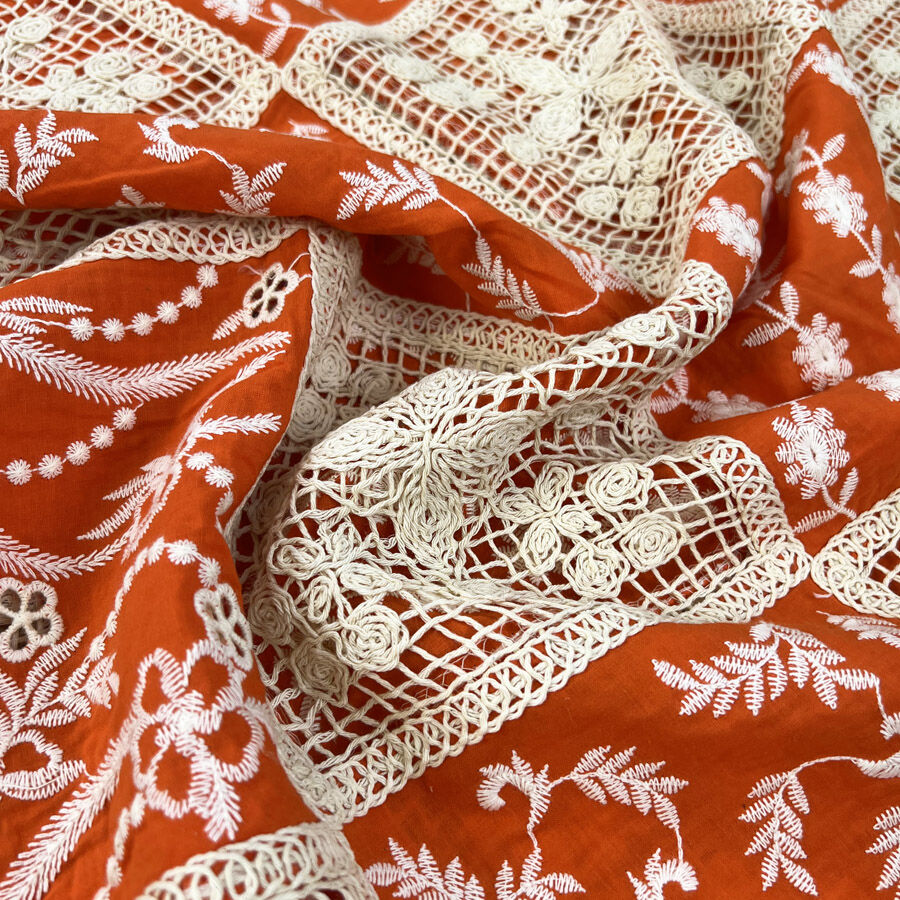 Embroidered Patchwork Fabric Summer Heirloom Orange